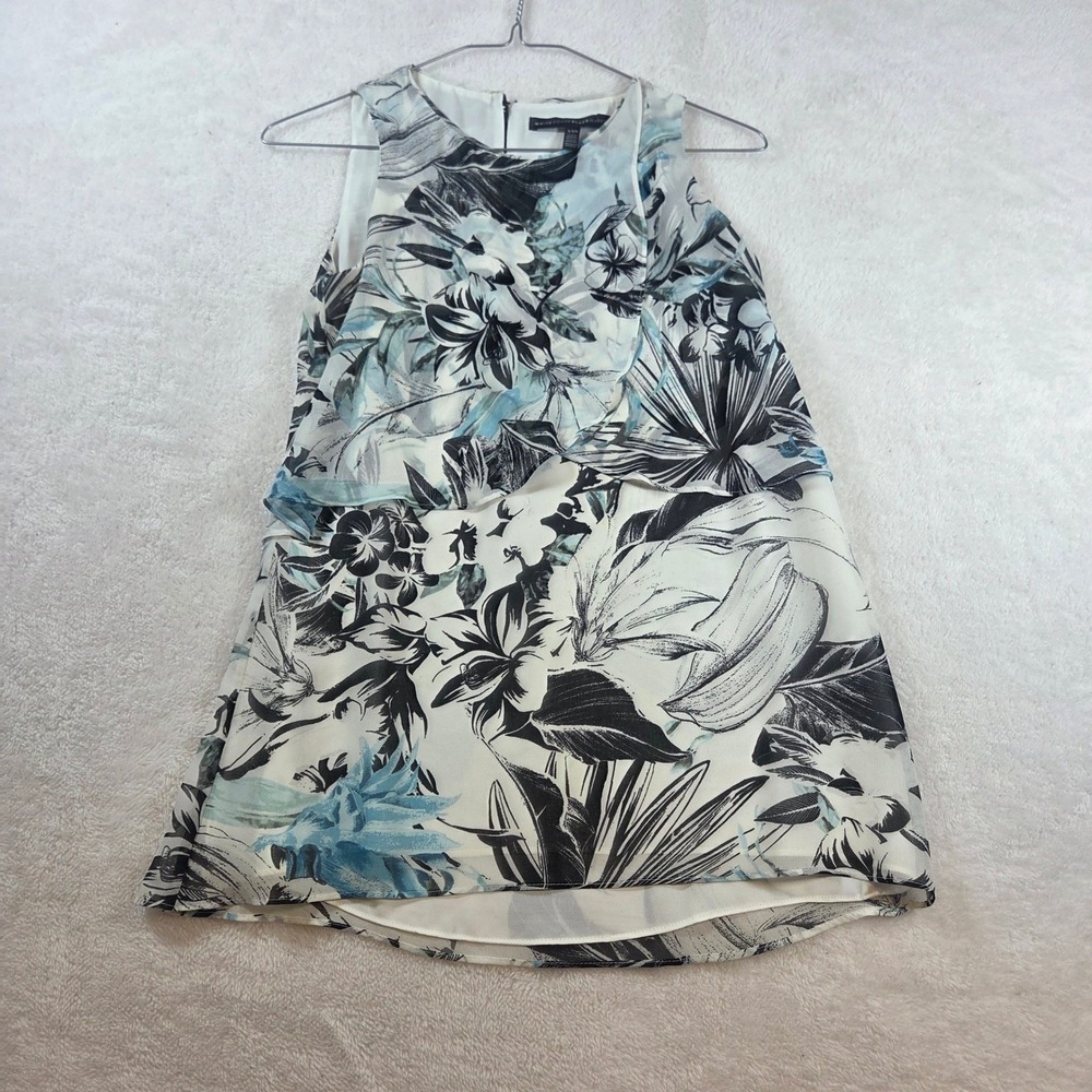White House Black Market Floral Popover Sleeveless Blouse Blue Black White XXS